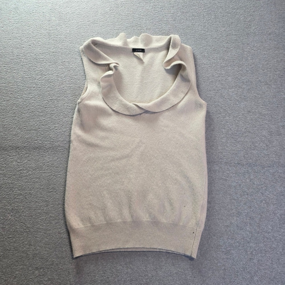 J.Crew Cashmere Sweater Vest Womens XS Wool Ivory Ruffle Neck Sleeveless Top